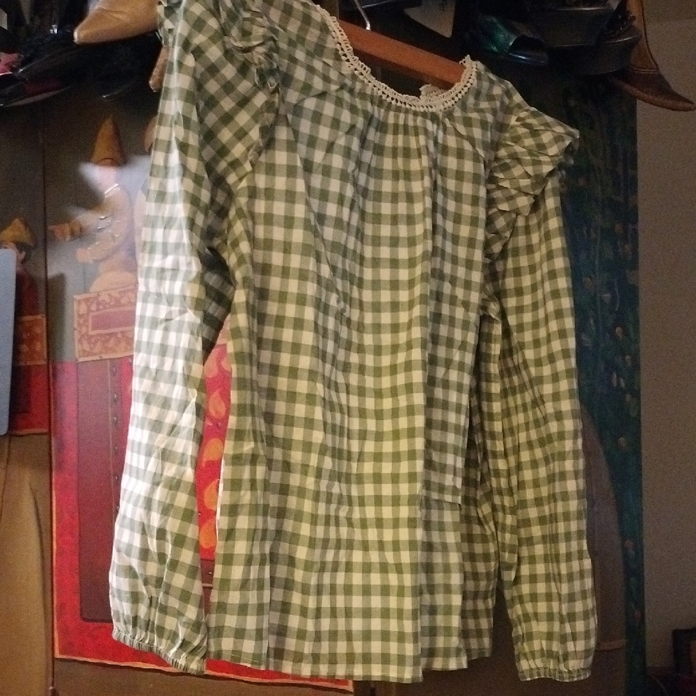 J. Crew Green Checkered Top with Lace Trim